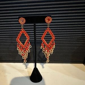 Ornate Miguel Ases Red Coral Glass & Gold 4" Chandelier Earrings